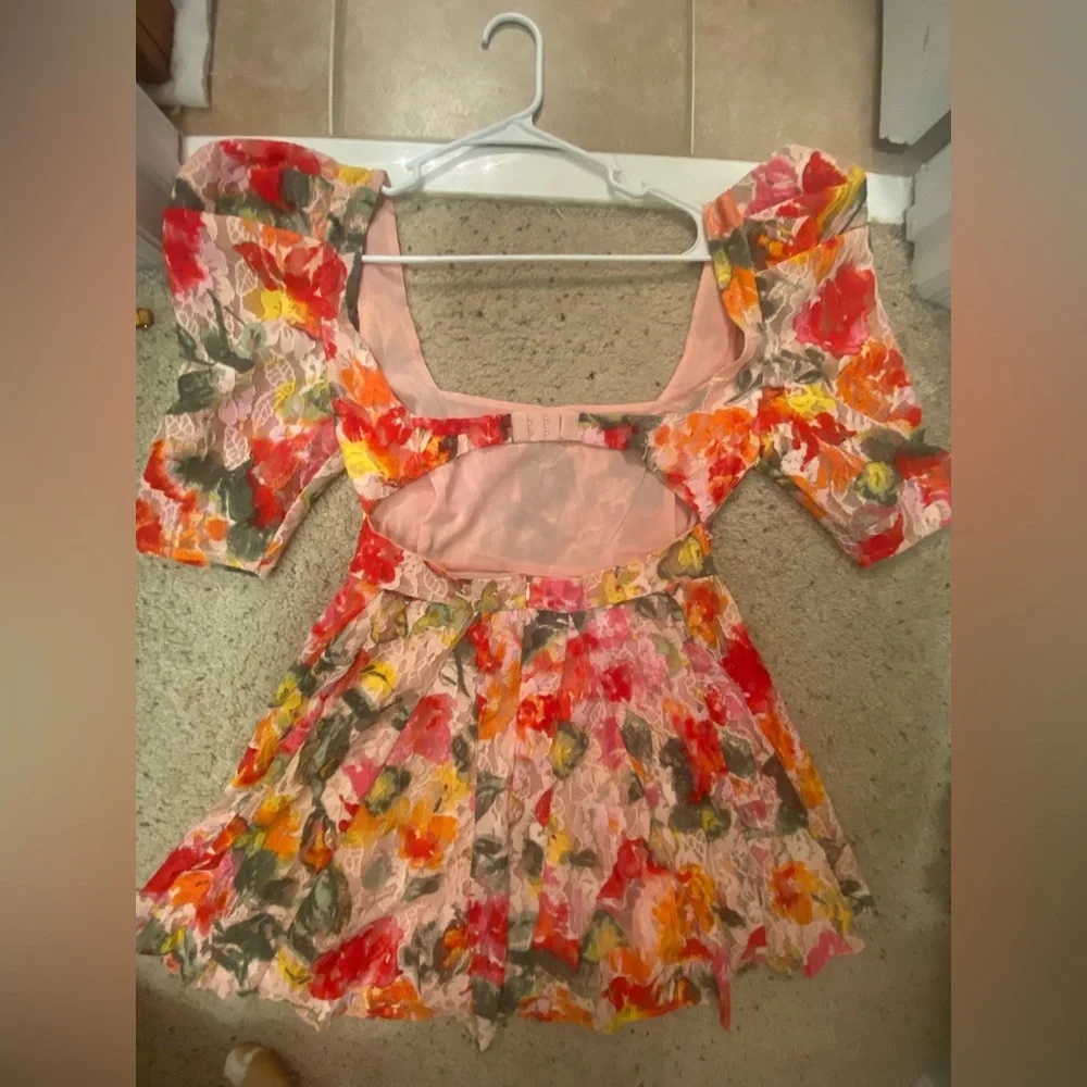 For Love & Lemons Dascha Puff Sleeve Mini Dress Light Pink Floral Lace Large NWT - Picture 11 of 16